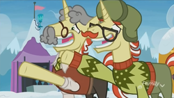 Size: 1348x758 | Tagged: safe, screencap, flam, flim, pony, unicorn, g4, my little pony best gift ever, clothes, discovery family logo, disguise, duo, duo male, fake moustache, fake smile, flim flam brothers, glasses, grin, male, nervous, nervous smile, paper-thin disguise, raised hoof, smiling, stallion, sweater, wig, winter outfit