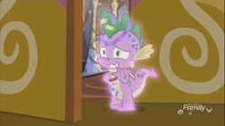 Size: 1354x756 | Tagged: safe, screencap, spike, dragon, g4, my little pony best gift ever, discovery family logo, door, glitter, glowing, male, nervous, solo, winged spike, wings