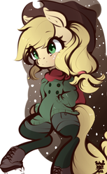 Size: 532x868 | Tagged: dead source, safe, artist:tohupo, applejack, earth pony, pony, g4, bipedal, boots, clothes, coat, cowboy hat, female, hat, leggings, mare, scarf, shoes, snow, snowfall, solo