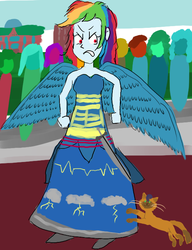 Size: 552x719 | Tagged: safe, artist:horsesplease, capper dapperpaws, rainbow dash, angel, cat, equestria girls, g4, my little pony: the movie, angry, annoyed, clothes, dress, paint tool sai, rainbow dash always dresses in style, sword, weapon, wings