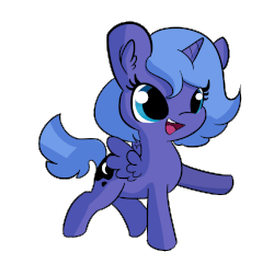 Size: 1650x1650 | Tagged: safe, artist:tjpones, princess luna, alicorn, pony, g4, :d, animated, cute, dancing, ear fluff, female, filly, happy, looking back, lunabetes, open mouth, raised hoof, raised leg, s1 luna, simple background, smiling, solo, spread wings, transparent background, wings, woona, younger