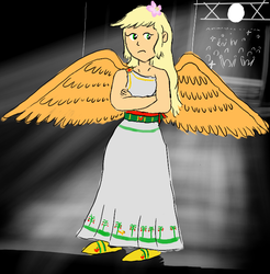 Size: 695x707 | Tagged: safe, artist:horsesplease, applejack, angel, human, pony, equestria girls, g4, apple flower, applejack also dresses in style, applejacked, audience, blonde, clothes, crossed arms, dress, female, flower, flower in hair, hatless, human ponidox, missing accessory, muscles, paint tool sai, self ponidox, shoes, solo, stage, sword, unamused, weapon, wings