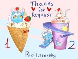 Size: 900x692 | Tagged: safe, artist:fabiola1989, oc, oc:fleurbelle, alicorn, pony, alicorn oc, cherry, food, ice cream, ice cream cone, straw, strawberry, ych result
