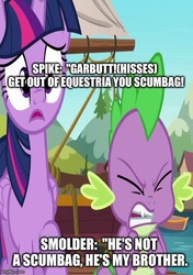 Size: 423x600 | Tagged: safe, edit, edited screencap, screencap, spike, twilight sparkle, alicorn, pony, g4, ppov, angry, boat, duo, implied garble, implied smolder, meme, twilight sparkle (alicorn), wrong aspect ratio