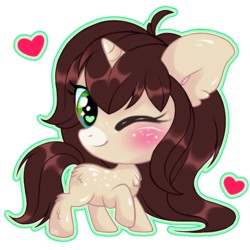 Size: 600x600 | Tagged: safe, artist:sunshineshiny, oc, oc only, oc:cinnamon fawn, pony, unicorn, blushing, brown hair, chibi, female, freckles, green eyes, heart, horn, long hair, mare, one eye closed, simple background, solo, spots, transparent background, wink