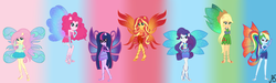 Size: 5888x1776 | Tagged: safe, artist:ketrin29, artist:sparkling-sunset-s08, applejack, fluttershy, pinkie pie, rainbow dash, rarity, sci-twi, sunset shimmer, twilight sparkle, fairy, equestria girls, g4, bare shoulders, barefoot, base used, clothes, colored wings, cowboy hat, crossover, enchantix, fairies, fairies are magic, fairy wings, fairyized, feet, gloves, gradient clothes, gradient wings, hat, multicolored wings, ponied up, rainbow s.r.l, rainbow wings, sparkly wings, strapless, winged humanization, wings, winx, winx club, winxified