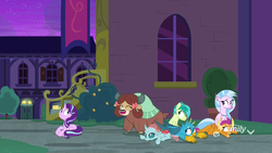 Size: 1920x1080 | Tagged: safe, screencap, gallus, ocellus, sandbar, silverstream, smolder, starlight glimmer, yona, changedling, changeling, classical hippogriff, dragon, earth pony, griffon, hippogriff, pony, yak, g4, school raze, bow, cloven hooves, colored hooves, dragoness, female, hair bow, happy, jewelry, male, monkey swings, necklace, student six, teenager