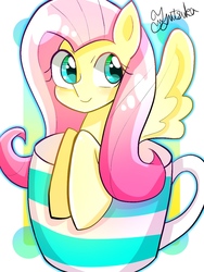 Size: 900x1200 | Tagged: safe, artist:yuyutsuka_0130, fluttershy, pegasus, pony, g4, cup, cute, female, mare, shyabetes, solo
