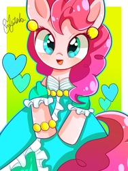 Size: 900x1200 | Tagged: safe, artist:yuyutsuka_0130, pinkie pie, earth pony, pony, g4, bipedal, clothes, cute, diapinkes, dress, ear piercing, earring, female, happy, heart, jewelry, looking at you, mare, piercing, solo