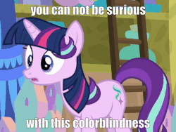 Size: 600x450 | Tagged: safe, edit, edited screencap, editor:axal-5, screencap, starlight glimmer, pony, unicorn, a matter of principals, g4, animated, color blindness, cropped, female, gif, hilarious in hindsight, ladder, mare, not twilight sparkle, solo, text, text edit, twilight wig, wig
