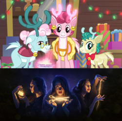 Size: 2000x1994 | Tagged: safe, screencap, alice the reindeer, aurora the reindeer, bori the reindeer, g4, my little pony best gift ever, atropos, clotho, comparison, female, greek mythology, grove of the gift givers, lachesis, moirae sisters, mythology, the gift givers, the three fates