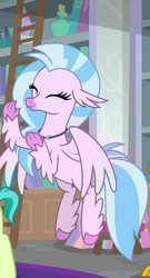 Size: 402x743 | Tagged: safe, screencap, gallus, sandbar, silverstream, classical hippogriff, hippogriff, g4, school raze, claws, cropped, cute, diastreamies, female, offscreen character, smiling, solo focus, wings