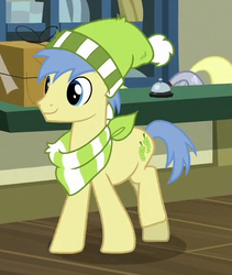 Size: 342x405 | Tagged: safe, screencap, goldengrape, sir colton vines iii, earth pony, pony, g4, my little pony best gift ever, background pony, clothes, cropped, cutie mark, hat, male, scarf, smiling, stallion, winter outfit