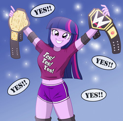 Size: 2001x1971 | Tagged: safe, artist:sumin6301, twilight sparkle, equestria girls, g4, championship belt, clothes, daniel bryan, female, grin, shorts, smiling, solo, sports, wrestling, wwe, yes, yes yes yes