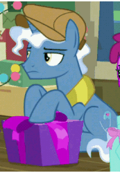 Size: 255x368 | Tagged: safe, screencap, berry punch, berryshine, pokey pierce, pony, unicorn, g4, my little pony best gift ever, animated, box, clothes, cropped, cutie mark, gif, hat, looking at you, loop, male, perfect loop, present, scarf, solo, stallion, striped scarf, winter outfit
