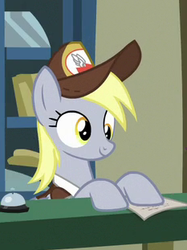 Size: 233x311 | Tagged: safe, screencap, derpy hooves, pegasus, pony, best gift ever, g4, cap, cropped, female, hat, smiling, solo