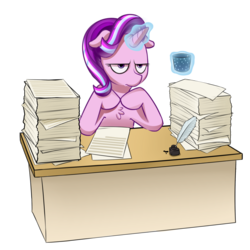 Size: 1024x1022 | Tagged: safe, artist:hamanaki, starlight glimmer, pony, unicorn, g4, chest fluff, chocolate, desk, empathy cocoa, female, food, glowing horn, guidance counselor, horn, hot chocolate, paper, quill, solo, unamused
