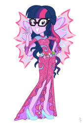 Size: 1549x2290 | Tagged: safe, artist:ilaria122, artist:pupkinbases, sci-twi, twilight sparkle, fairy, equestria girls, g4, alternate hairstyle, crossover, fairy wings, fairyized, female, flower, glasses, high heels, onyrix, peace sign, pose, rainbow s.r.l, shoes, simple background, smiling, solo, transparent background, winged humanization, wings, winx club, winxified, world of winx