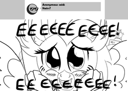 Size: 1280x916 | Tagged: safe, artist:sintakhra, silverstream, yona, yak, tumblr:studentsix, g4, ask, award, best pony, blushing, cute, diastreamies, eeee, female, irrational exuberance, lineart, looking at you, monochrome, open mouth, simple background, smiling, solo, spread wings, squishy cheeks, stairs, that hippogriff sure does love stairs, tumblr, white background, wings