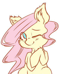 Size: 392x485 | Tagged: safe, artist:hamanaki, fluttershy, pony, g4, blushing, ear fluff, female, hooves to the chest, looking at you, mare, one eye closed, simple background, smiling, solo, white background