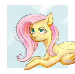 Size: 459x450 | Tagged: safe, artist:hamanaki, fluttershy, pegasus, pony, g4, abstract background, female, mare, prone, solo