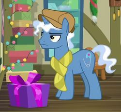 Size: 587x540 | Tagged: safe, screencap, pokey pierce, pony, unicorn, g4, my little pony best gift ever, annoyed, clothes, cropped, cutie mark, hat, male, scarf, solo, stallion, striped scarf, winter outfit