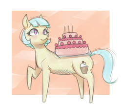 Size: 1024x873 | Tagged: safe, artist:hamanaki, oc, oc only, earth pony, pony, abstract background, blushing, cake, cutie mark, female, food, heart eyes, mare, raised hoof, solo, wingding eyes