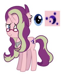 Size: 800x960 | Tagged: safe, artist:princess-kitsune-tsu, oc, oc only, oc:shadow shine, pony, unicorn, icey-verse, base used, ear piercing, earring, female, glasses, jewelry, magical lesbian spawn, mare, next generation, offspring, parent:starlight glimmer, parent:sunset shimmer, parents:shimmerglimmer, piercing, scrunchy face, simple background, solo, white background