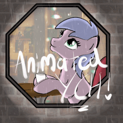 Size: 650x650 | Tagged: safe, artist:lannielona, pony, advertisement, animated, brick wall, cafe, coffee, commission, glass, looking out the window, rain, sketch, solo, wall, window, your character here