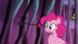 Size: 1280x720 | Tagged: safe, screencap, pinkie pie, earth pony, pony, g4, school raze, burned, cage, cute, faic, female, food, mare, marshmallow, pinkie being pinkie, prehensile mane, solo focus, stick, tartarus, tongue out