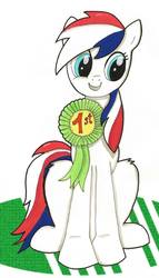 Size: 551x960 | Tagged: safe, oc, oc only, oc:britannia (uk ponycon), earth pony, pony, uk ponycon, g4, 1st prize, female, mare, mascot, medal, simple background, solo, white background