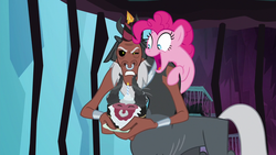 Size: 1280x720 | Tagged: safe, screencap, lord tirek, pinkie pie, centaur, g4, school raze, annoying, cage, cake, cute, diapinkes, excited, female, food, hat, loud, male, mare, nose piercing, party hat, piercing, septum piercing, tartarus, twitching