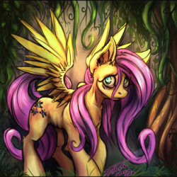 Size: 1024x1024 | Tagged: safe, artist:foldeath, fluttershy, pegasus, pony, g4, creepy, female, forest, halloween, holiday, looking at you, solo, spread wings, vine, wings
