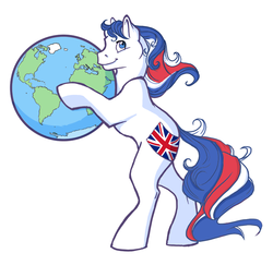 Size: 650x631 | Tagged: safe, artist:reaperfox, oc, oc only, oc:britannia (uk ponycon), earth pony, pony, uk ponycon, g1, bipedal, earth, female, globe, mare, mascot, pony bigger than a planet, simple background, solo, white background
