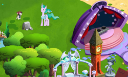 Size: 773x465 | Tagged: safe, gameloft, mistmane, pipsqueak, trixie, g4, clock tower, dj table, gameloft shenanigans, stage, statue