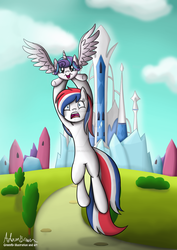 Size: 1024x1448 | Tagged: safe, artist:greenflyart, princess flurry heart, oc, oc:britannia (uk ponycon), alicorn, earth pony, pony, uk ponycon, g4, crystal empire, female, filly, flying, mare, obtrusive watermark, watermark