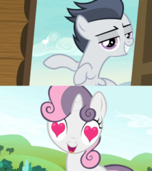 Size: 576x650 | Tagged: safe, edit, edited screencap, screencap, rumble, sweetie belle, pegasus, pony, unicorn, g4, lesson zero, marks and recreation, colt, female, filly, heart eyes, male, ship:rumbelle, shipping, straight, wingding eyes