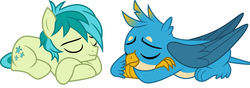 Size: 8824x3112 | Tagged: safe, artist:cloudy glow, gallus, sandbar, earth pony, griffon, pony, g4, what lies beneath, claws, cute, cutie mark, duo, duo male, eyes closed, gallabetes, male, paws, sandabetes, simple background, sleeping, tail, teenager, white background