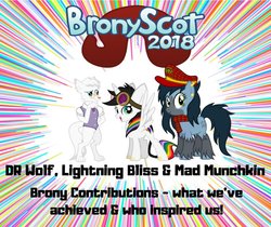 Size: 940x788 | Tagged: artist needed, safe, oc, oc:dr. wolf, oc:lightning bliss, oc:mad munchkin, wolf, anthro, bronyscot, bronyscot 2018, male, rainbow alicorn