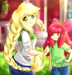 Size: 2500x2600 | Tagged: safe, artist:kawurin, apple bloom, applejack, human, g4, female, high res, humanized, looking at you