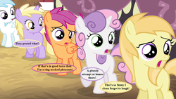 Size: 1168x657 | Tagged: safe, edit, edited screencap, editor:korora, screencap, cotton cloudy, dinky hooves, noi, scootaloo, sweetie belle, g4, simple ways, appalled, cotton cloudy is not amused, cropped, dialogue, dinky hooves is not amused, dude not funny (reaction image), noi is not amused, reaction image, scootaloo is not amused, speech bubble, sweetie belle is not amused, unamused