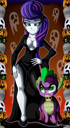 Size: 800x1462 | Tagged: safe, artist:xjkenny, rarity, spike, dragon, equestria girls, g4, absolute cleavage, beautiful, breasts, cape, cleavage, clothes, costume, dress, halloween, halloween costume, holiday