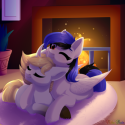 Size: 3000x3000 | Tagged: safe, artist:nika-rain, oc, oc only, oc:dianthus, oc:sprint, pony, commission, fireplace, high res