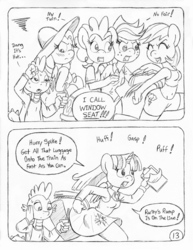 Size: 849x1100 | Tagged: safe, artist:circe, applejack, fluttershy, pinkie pie, rainbow dash, spike, twilight sparkle, alicorn, anthro, unguligrade anthro, comic:soreloser, black and white, clothes, cowboy hat, dress, freckles, glass of water, grayscale, hat, monochrome, pleated skirt, shorts, skirt, stetson, sun hat, sundress, traditional art, twilight sparkle (alicorn)
