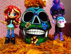 Size: 2000x1500 | Tagged: safe, artist:whatthehell!?, applejack, sci-twi, sunset shimmer, twilight sparkle, equestria girls, g4, all saints day, boots, cempasúchil, clothes, dia de los muertos, doll, dress, equestria girls minis, flower, irl, jacket, photo, ponied up, shoes, skull, toy