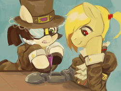 Size: 2400x1800 | Tagged: safe, artist:lizombie, oc, oc only, oc:gearmaster rochal, oc:master engineer chet, pony, buck legacy, amputee, blonde, blonde hair, brown hair, concept art, female, goggles, green eyes, hat, jabot, male, red eyes, screwdriver, shipping, steampunk, top hat, yellow hair