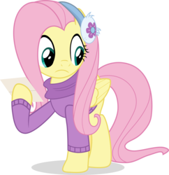 Size: 4001x4132 | Tagged: safe, artist:shutterflyeqd, fluttershy, pegasus, pony, best gift ever, g4, absurd resolution, clothes, cute, earmuffs, female, fluttershy's purple sweater, looking down, mare, simple background, solo, sweater, sweatershy, transparent background, unsure, vector, winter outfit
