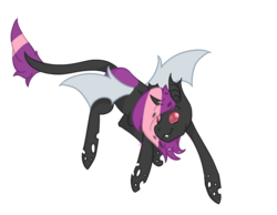 Size: 1024x796 | Tagged: safe, artist:xxxmadlenxxx, changeling, pony, dynamic, fangs, pink eyes, purple changeling, purple hair, simple background, solo, transparent background, wings