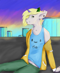 Size: 1024x1250 | Tagged: safe, artist:xxxmadlenxxx, oc, oc only, unicorn, anthro, clothes, horns, jacket, lollypop, piercing, shirt, shorthair, solo, sunset, t-shirt, thatae, whitepony