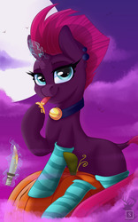 Size: 1200x1920 | Tagged: safe, artist:php97, fizzlepop berrytwist, tempest shadow, pony, unicorn, g4, my little pony: the movie, bell, bell collar, broken horn, clothes, collar, cute, dock, ear piercing, female, horn, knife, licking, looking at you, magic, magic aura, piercing, pumpkin, signature, smiling, smiling at you, socks, solo, stockings, striped socks, tempestbetes, thigh highs, tongue out